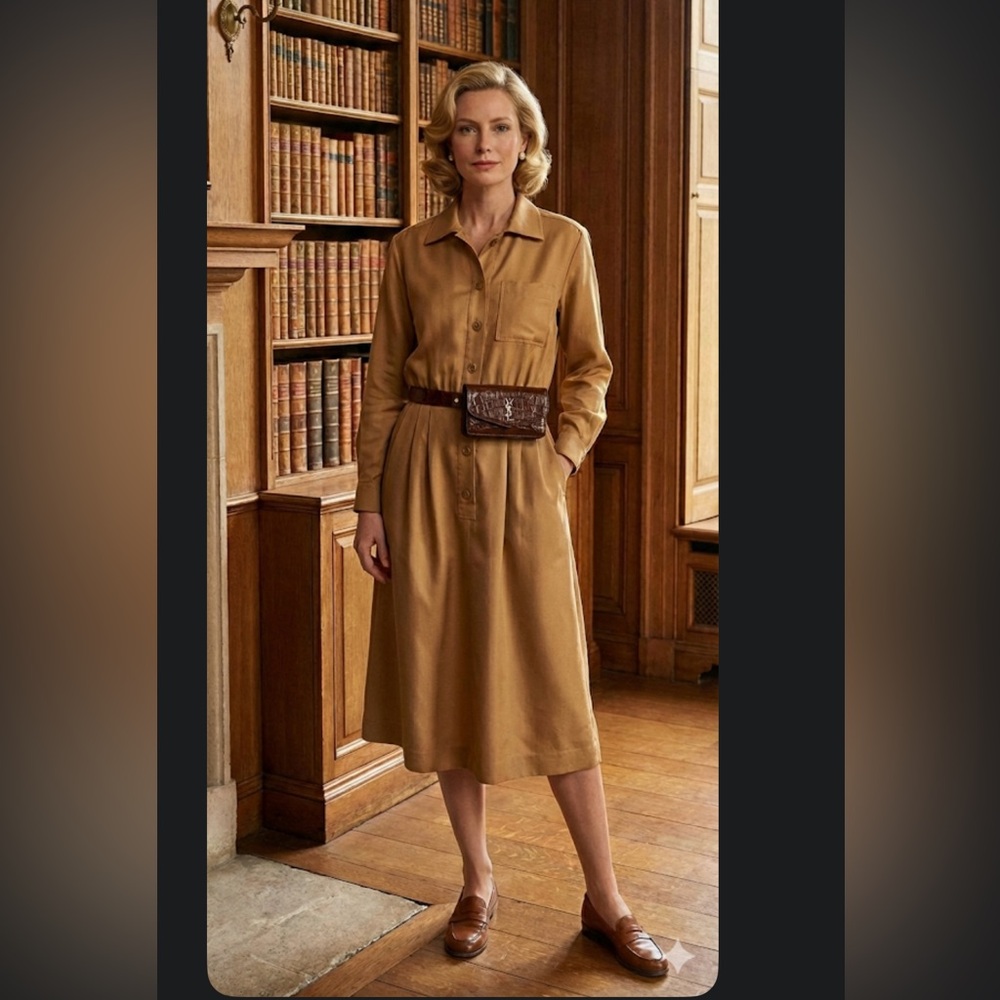 Vintage YSL Rive Gauche Tan Raw Silk Shirt Dress FR 42 US 8/10 - Picture 1 of 15